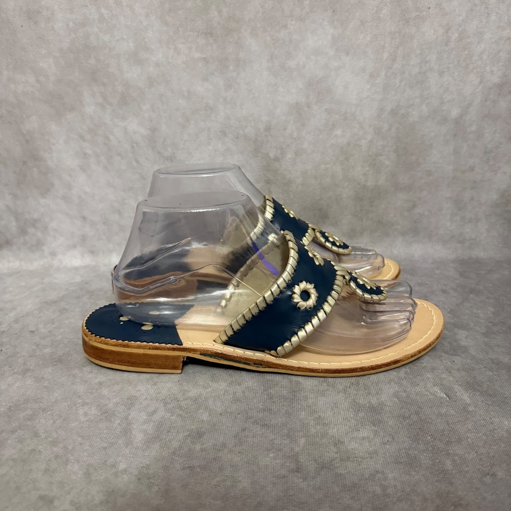 Jack Rogers Jacks Flat Sandals Womens 8M Navy Gold Leather Whipstitch Thong‎